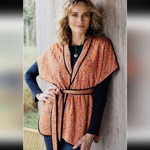 New J.JILL Belted Quilted Ruana Jacket Kimono Size‎ S-L Orange Paisley Belt